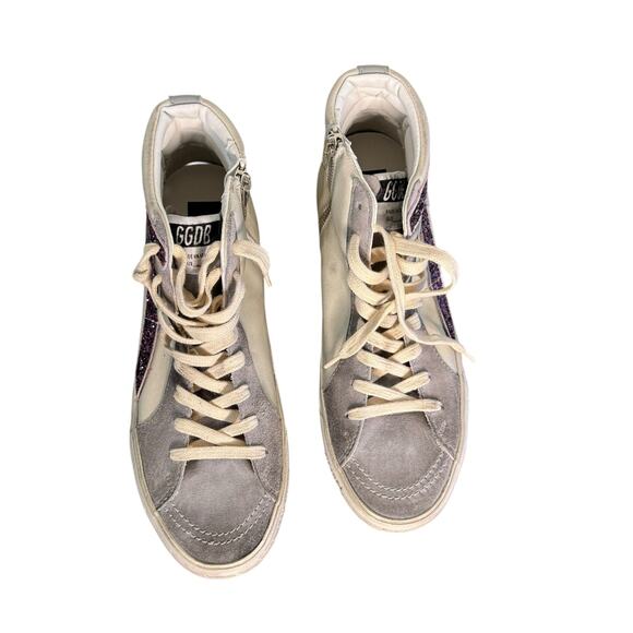 Golden Goose NIB Slide w/Gray Leather Star and Wine-colored Glitter Flash Sz 40 - Picture 4 of 14